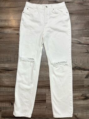We The Free People White Distressed Straight Leg High Rise Ripped Jeans Denim 28